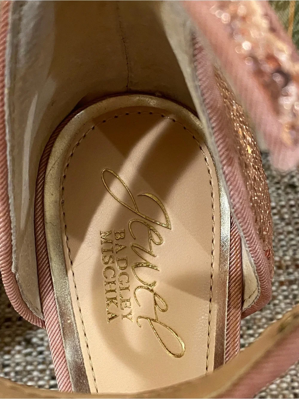 Badgley Mischka Rose Gold Sequin Ankle-Strap Heels